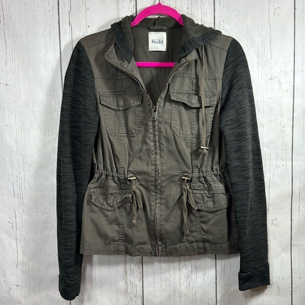 Mudd Womens Hooded Olive Hunter Green Drawstring Pockets Zip Utility Jacket